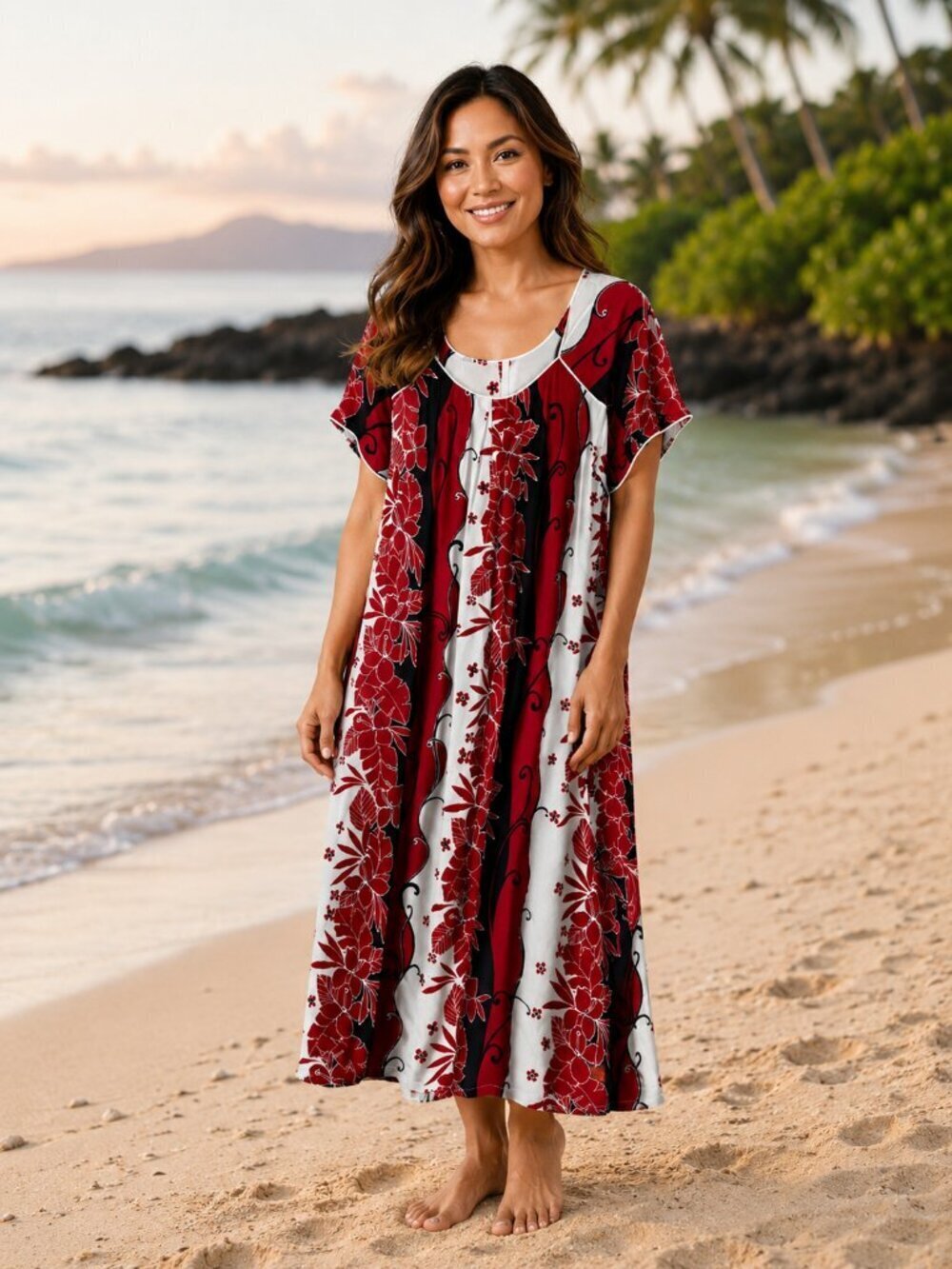 Vintage Hawaiian Muumuu Dress Maxi Red Black Cream XL